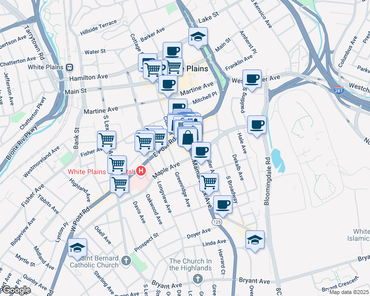 map of restaurants, bars, coffee shops, grocery stores, and more near 200 Mamaroneck Avenue in White Plains