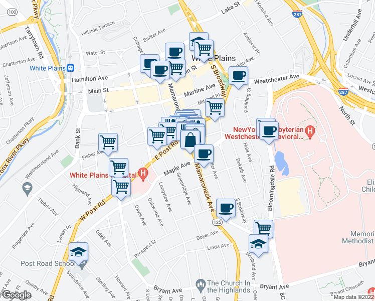 map of restaurants, bars, coffee shops, grocery stores, and more near 200 Mamaroneck Avenue in White Plains