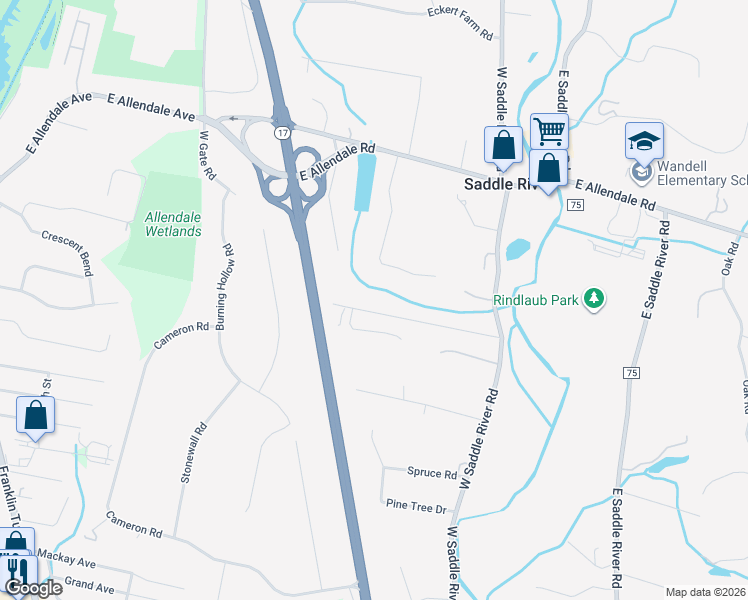 map of restaurants, bars, coffee shops, grocery stores, and more near 29 Dater Lane in Saddle River