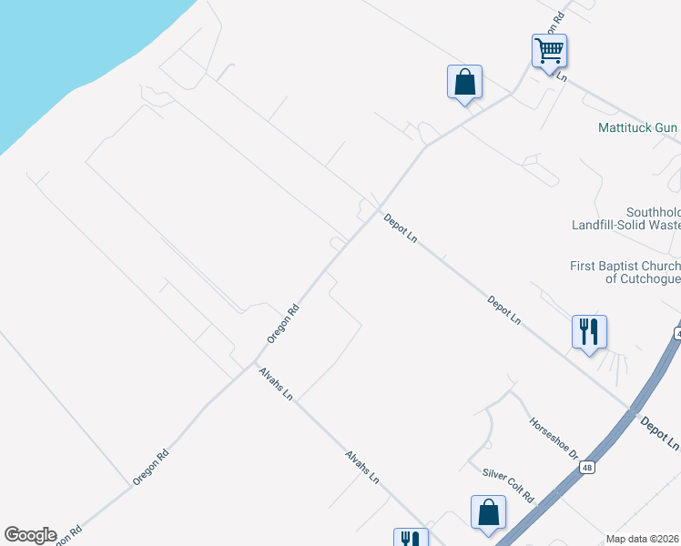 map of restaurants, bars, coffee shops, grocery stores, and more near 8640 Oregon Road in Cutchogue