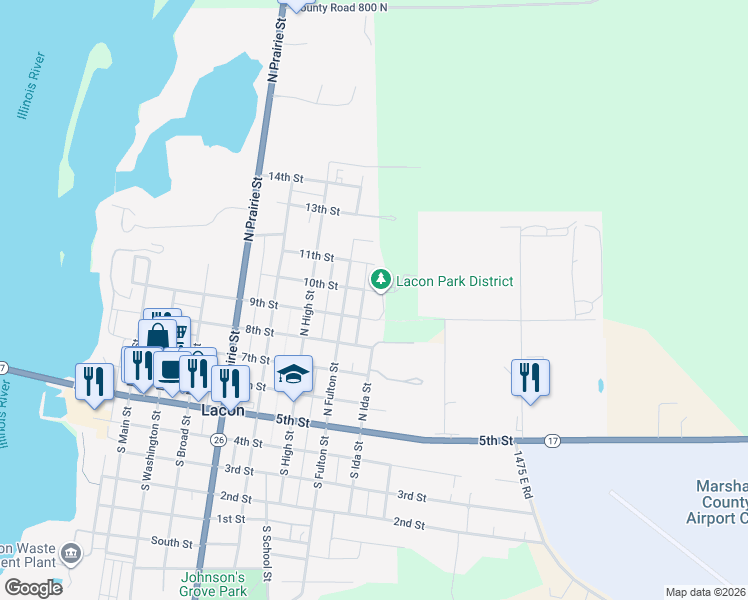 map of restaurants, bars, coffee shops, grocery stores, and more near 820 10th Street in Lacon