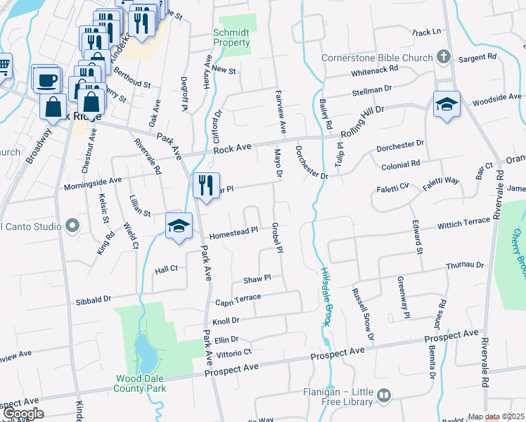 map of restaurants, bars, coffee shops, grocery stores, and more near 18 Seibert Court in Park Ridge