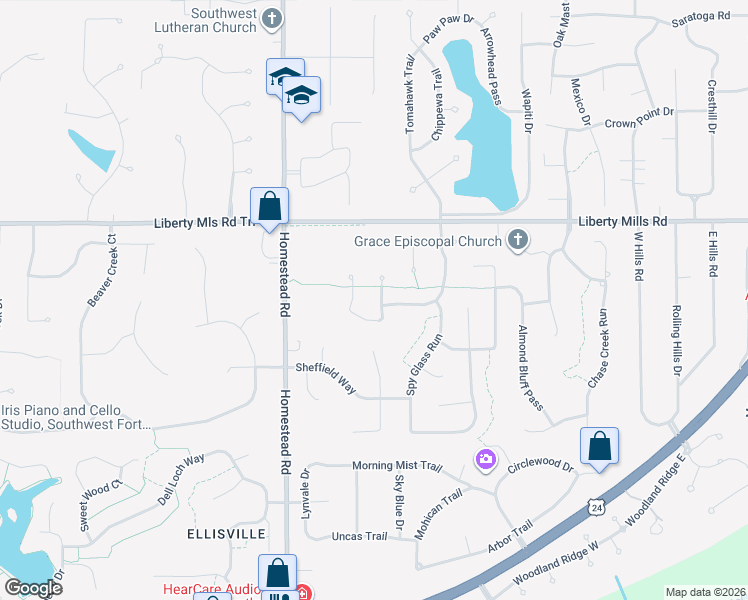 map of restaurants, bars, coffee shops, grocery stores, and more near 6030 Cheswick Cove in Fort Wayne