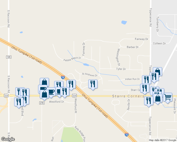 map of restaurants, bars, coffee shops, grocery stores, and more near 6424 Saint Andrews Drive in Canfield