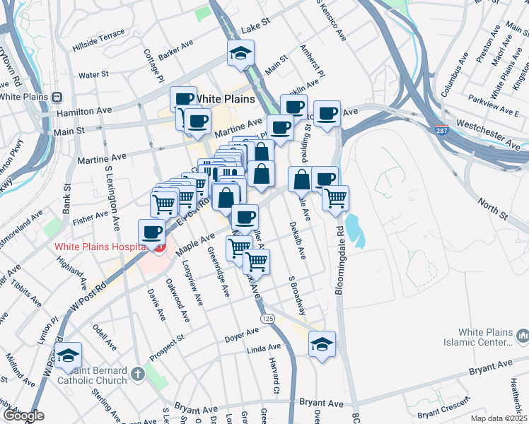 map of restaurants, bars, coffee shops, grocery stores, and more near 107 South Broadway in White Plains