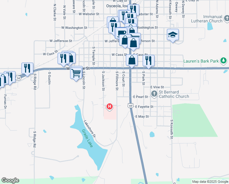 map of restaurants, bars, coffee shops, grocery stores, and more near 604 South Fillmore Street in Osceola
