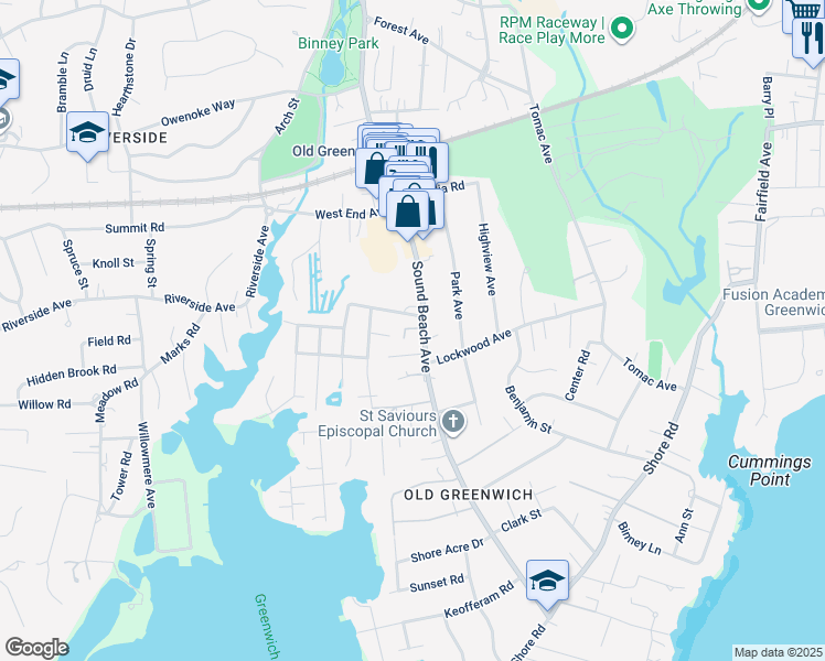 map of restaurants, bars, coffee shops, grocery stores, and more near 311 Sound Beach Avenue in Greenwich