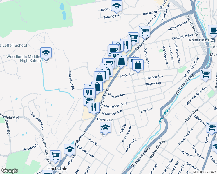 map of restaurants, bars, coffee shops, grocery stores, and more near 355 Central Park Avenue in Hartsdale