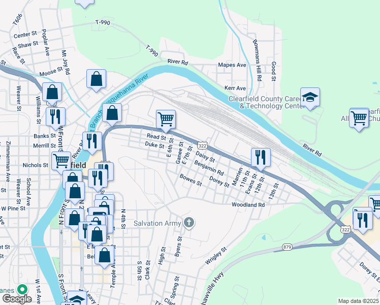 map of restaurants, bars, coffee shops, grocery stores, and more near 701 Daisy Street in Clearfield