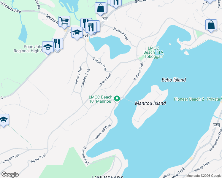 map of restaurants, bars, coffee shops, grocery stores, and more near 10 Crestwood Trail in Sparta