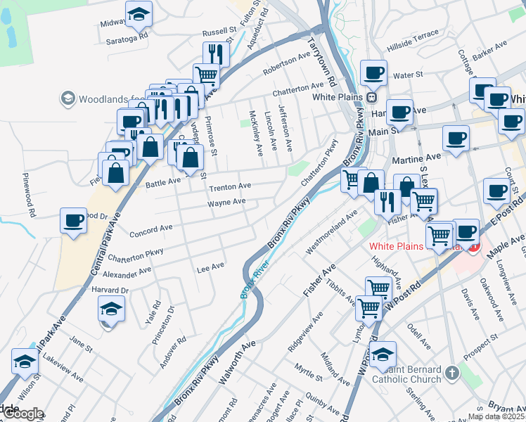 map of restaurants, bars, coffee shops, grocery stores, and more near 11-13 Concord Avenue in White Plains