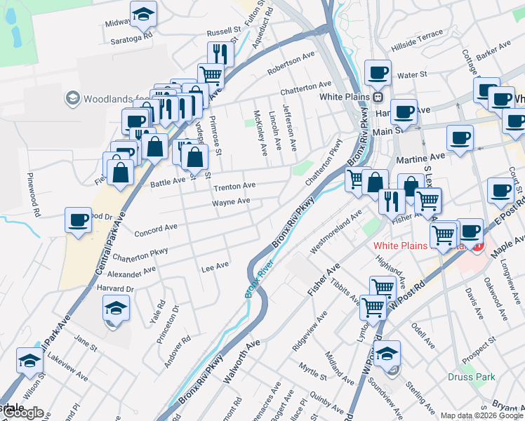 map of restaurants, bars, coffee shops, grocery stores, and more near 11-13 Concord Avenue in White Plains