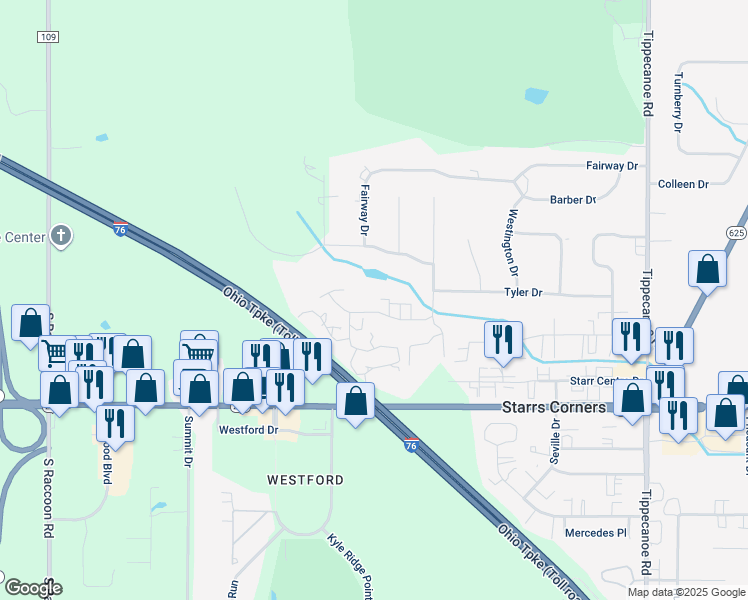 map of restaurants, bars, coffee shops, grocery stores, and more near 6424 Saint Andrews Drive in Canfield