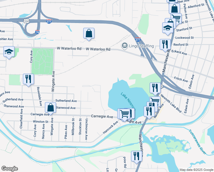 map of restaurants, bars, coffee shops, grocery stores, and more near 2655 Shoreline Drive in Akron