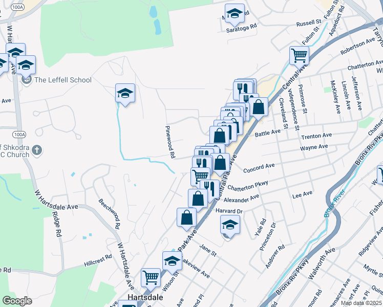map of restaurants, bars, coffee shops, grocery stores, and more near 27 Dalewood Drive in Hartsdale