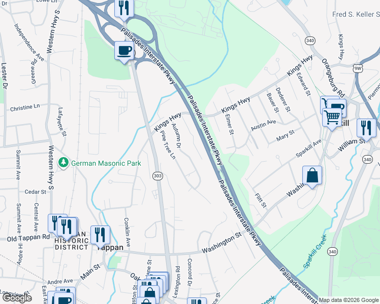 map of restaurants, bars, coffee shops, grocery stores, and more near 66 Autumn Drive in Tappan