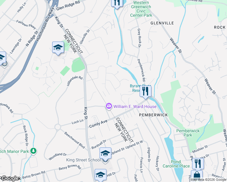 map of restaurants, bars, coffee shops, grocery stores, and more near 26 Essex Road in Greenwich