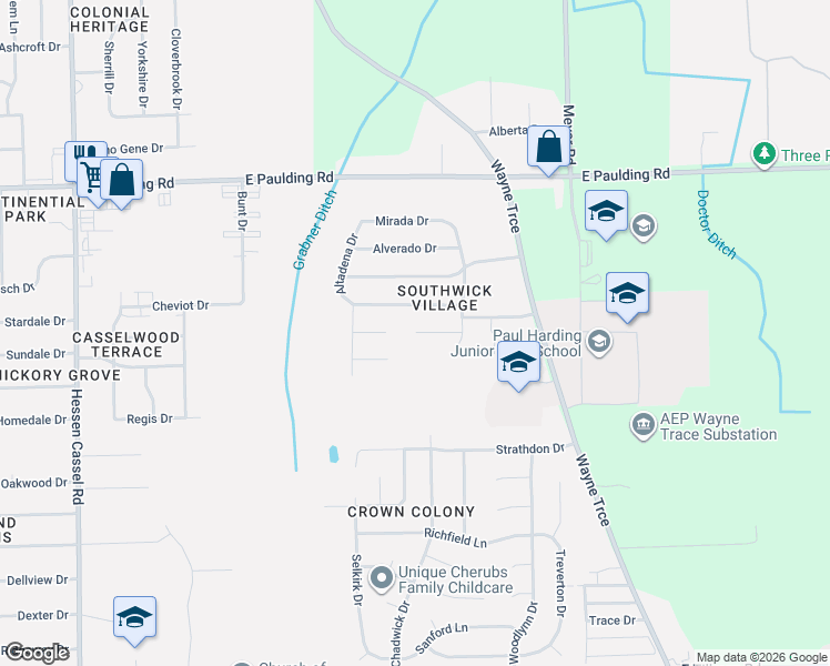 map of restaurants, bars, coffee shops, grocery stores, and more near 4400 Eagledale Court in Fort Wayne