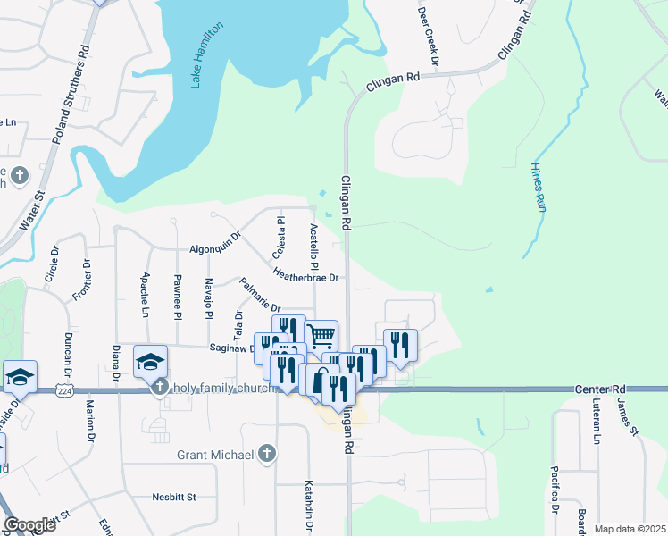 map of restaurants, bars, coffee shops, grocery stores, and more near 3168 Heatherbrae Drive in Youngstown