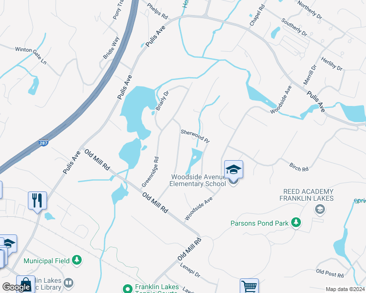 map of restaurants, bars, coffee shops, grocery stores, and more near 263 Arbor Road in Franklin Lakes