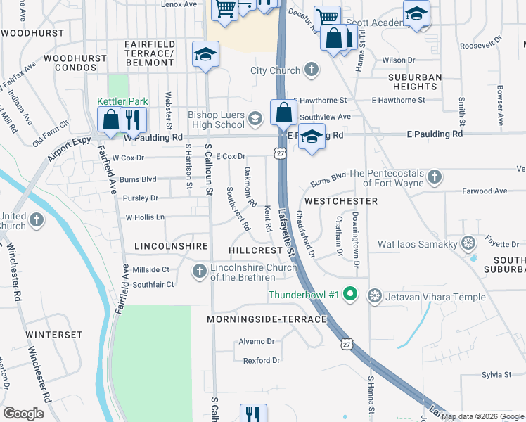 map of restaurants, bars, coffee shops, grocery stores, and more near 6201 Kent Road in Fort Wayne