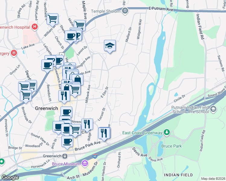 map of restaurants, bars, coffee shops, grocery stores, and more near 65 Le Grande Avenue in Greenwich