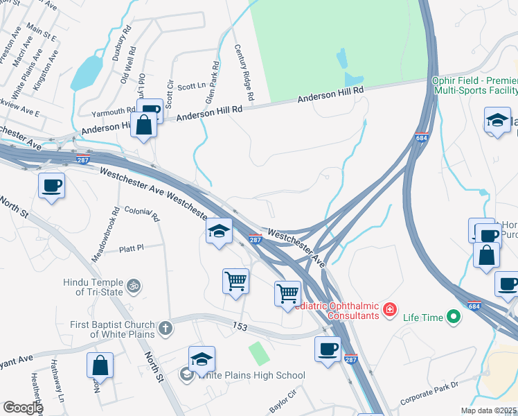 map of restaurants, bars, coffee shops, grocery stores, and more near 500 Westchester Avenue in Harrison