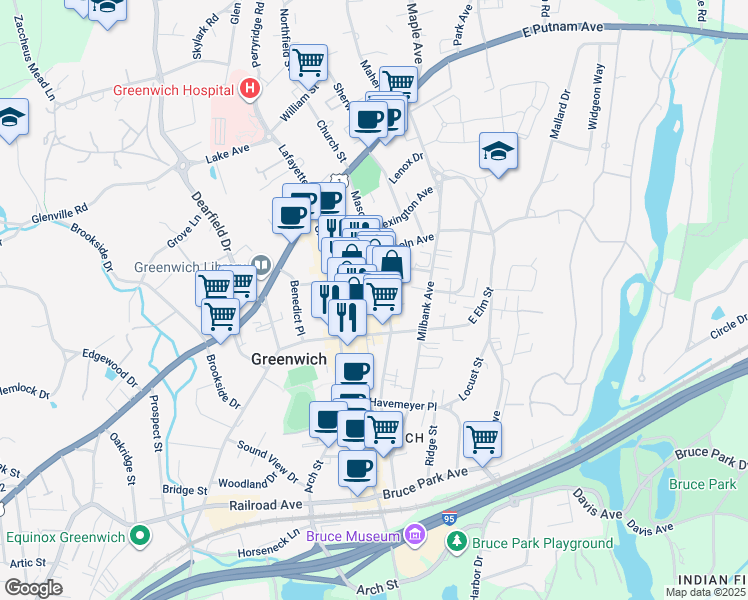 map of restaurants, bars, coffee shops, grocery stores, and more near 124 Mason Street in Greenwich