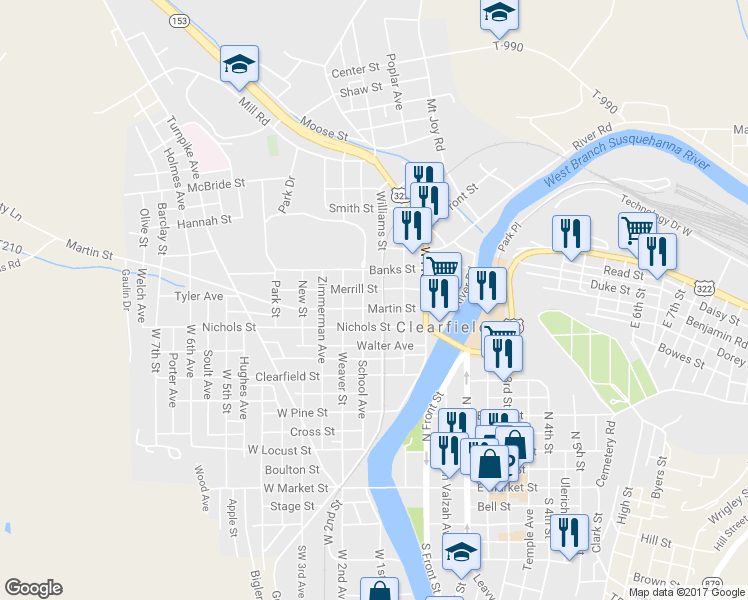 map of restaurants, bars, coffee shops, grocery stores, and more near School Avenue in Clearfield