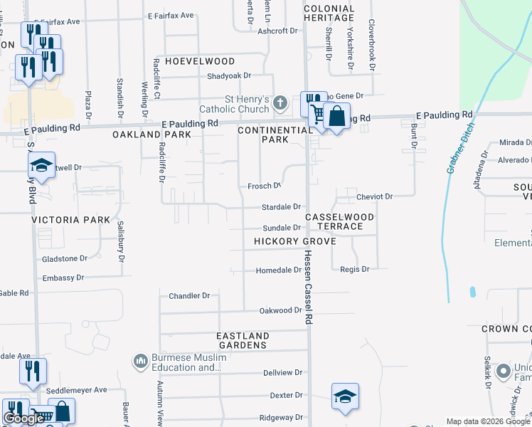 map of restaurants, bars, coffee shops, grocery stores, and more near 3010-3020 Stardale Drive in Fort Wayne