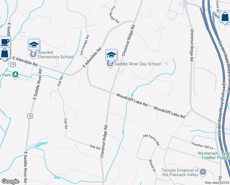 map of restaurants, bars, coffee shops, grocery stores, and more near 136 Chestnut Ridge Road in Saddle River