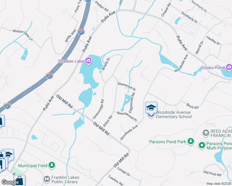 map of restaurants, bars, coffee shops, grocery stores, and more near 263 Arbor Road in Franklin Lakes