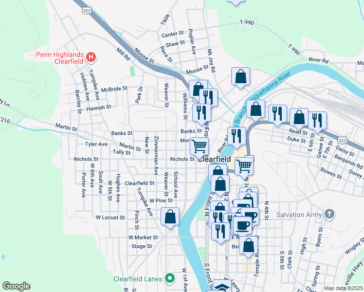 map of restaurants, bars, coffee shops, grocery stores, and more near 204 Merrill Street in Clearfield