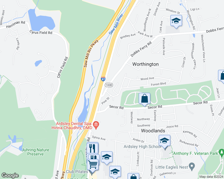 map of restaurants, bars, coffee shops, grocery stores, and more near 1 Grove Lane in Ardsley