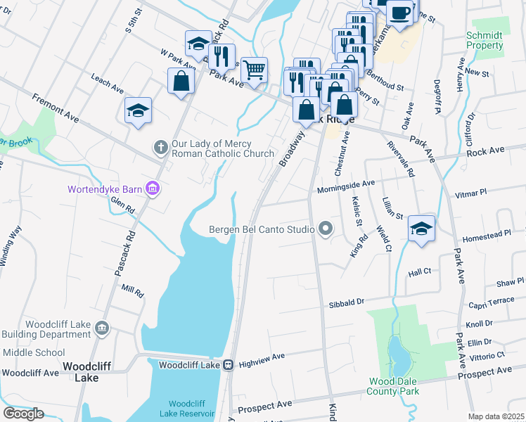map of restaurants, bars, coffee shops, grocery stores, and more near 92 Highland Street in Park Ridge