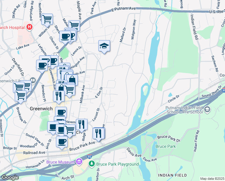 map of restaurants, bars, coffee shops, grocery stores, and more near 65 Le Grande Avenue in Greenwich