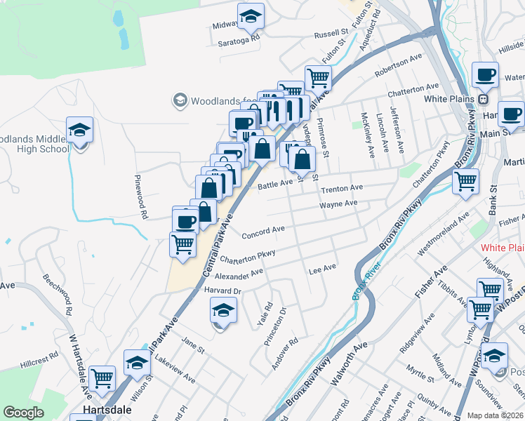 map of restaurants, bars, coffee shops, grocery stores, and more near 141 Wayne Avenue in White Plains