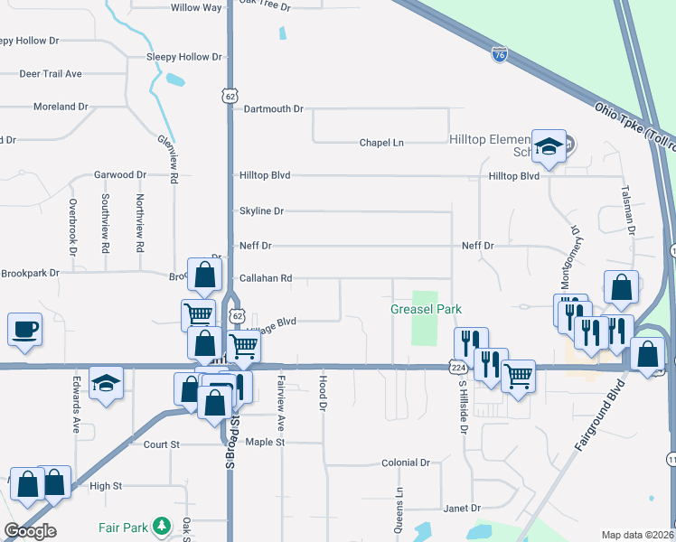 map of restaurants, bars, coffee shops, grocery stores, and more near 166 Callahan Road in Canfield