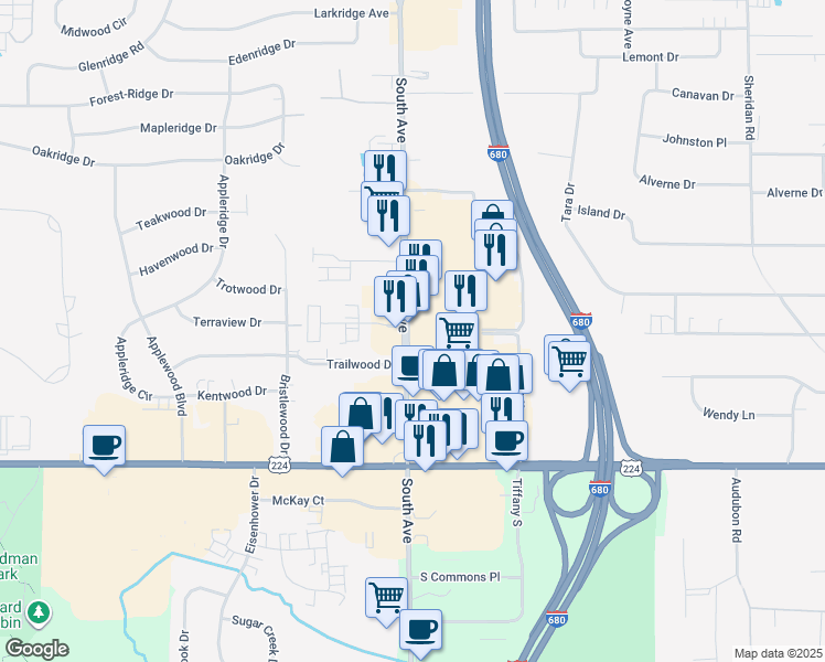 map of restaurants, bars, coffee shops, grocery stores, and more near 1201 Doral Drive in Youngstown