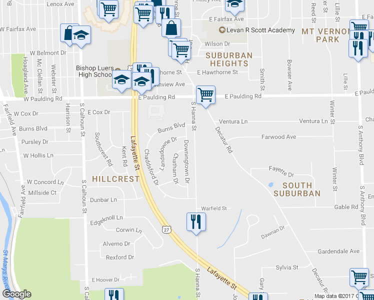 map of restaurants, bars, coffee shops, grocery stores, and more near Downingtown Drive in Fort Wayne