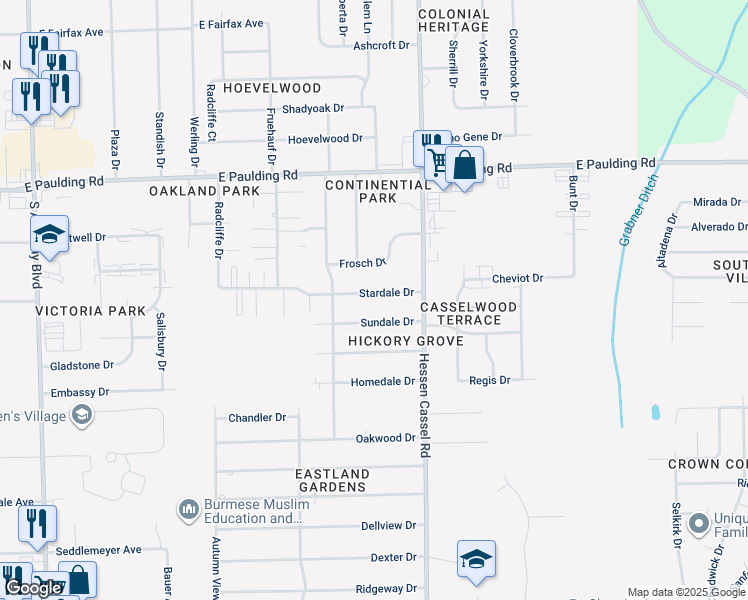 map of restaurants, bars, coffee shops, grocery stores, and more near 3010 Stardale Drive in Fort Wayne