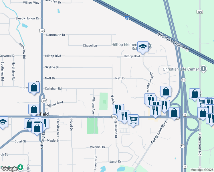 map of restaurants, bars, coffee shops, grocery stores, and more near 354 Callahan Road in Canfield