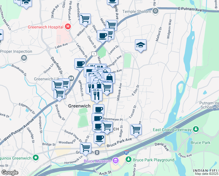 map of restaurants, bars, coffee shops, grocery stores, and more near 124 Mason Street in Greenwich