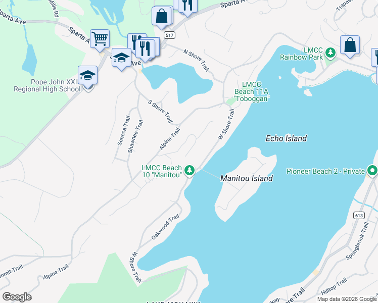 map of restaurants, bars, coffee shops, grocery stores, and more near 10 Crestwood Trail in Sparta