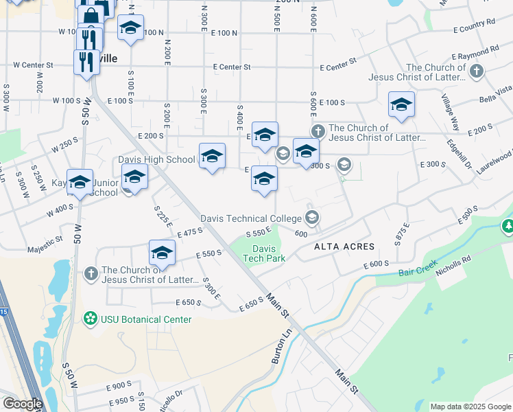 map of restaurants, bars, coffee shops, grocery stores, and more near 490 South 500 East in Kaysville