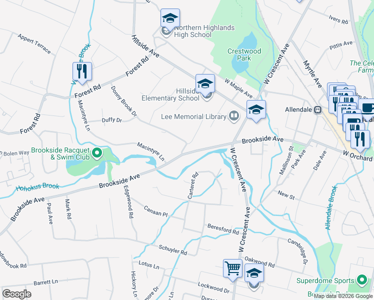 map of restaurants, bars, coffee shops, grocery stores, and more near 275 Brookside Avenue in Allendale
