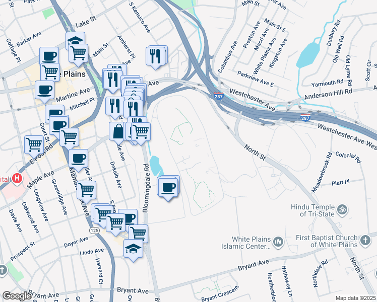 map of restaurants, bars, coffee shops, grocery stores, and more near 21 Bloomingdale Road in White Plains