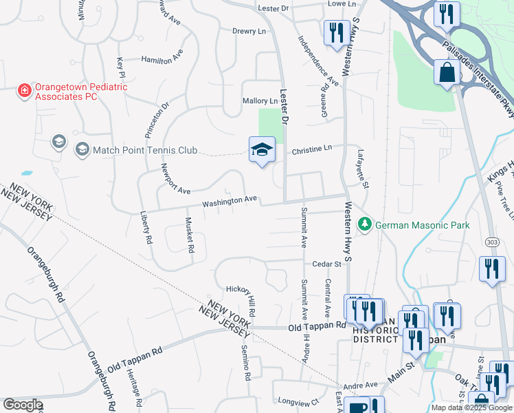 map of restaurants, bars, coffee shops, grocery stores, and more near 115 Washington Avenue in Tappan