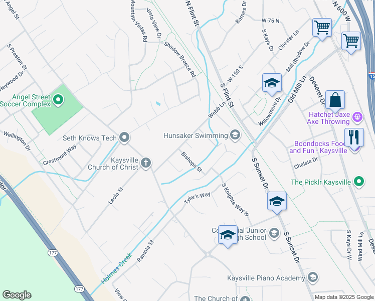 map of restaurants, bars, coffee shops, grocery stores, and more near 419 Bishops Street in Kaysville