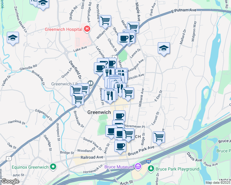 map of restaurants, bars, coffee shops, grocery stores, and more near 175 Greenwich Avenue in Greenwich